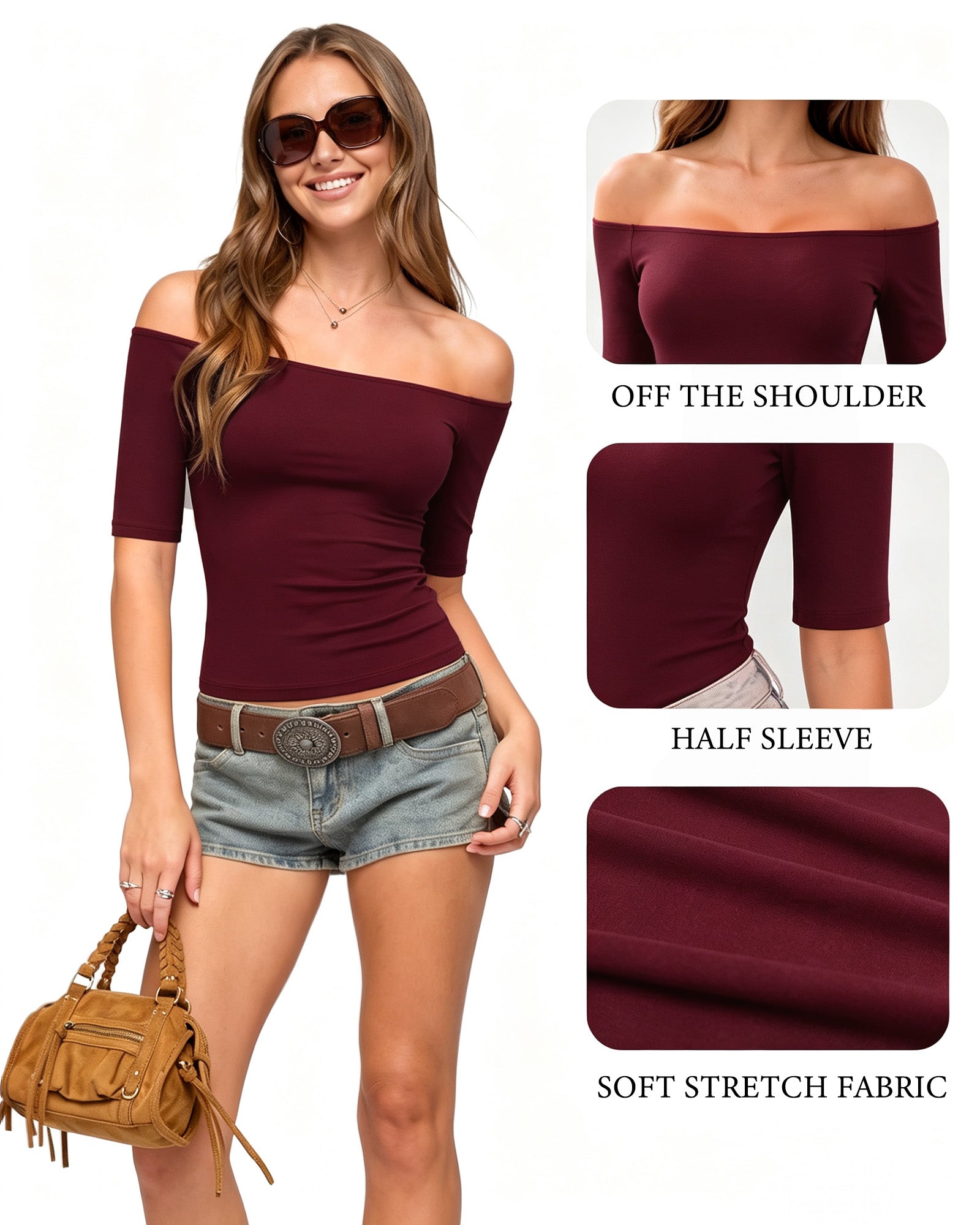 MANGOPOP Off-Shoulder Half-Sleeve Top Burgundy 4