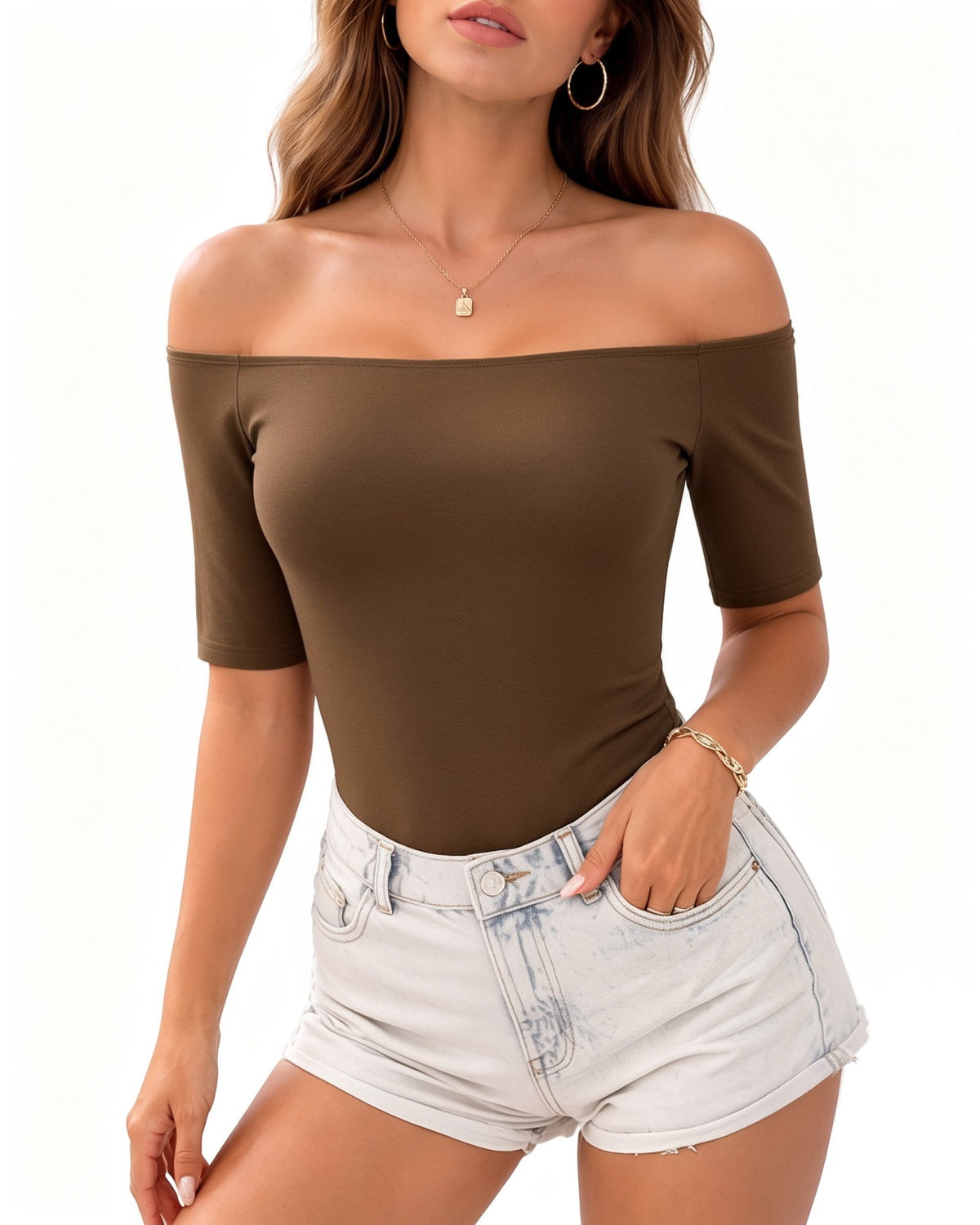 MANGOPOP Off-Shoulder Half-Sleeve Top Coffee 1
