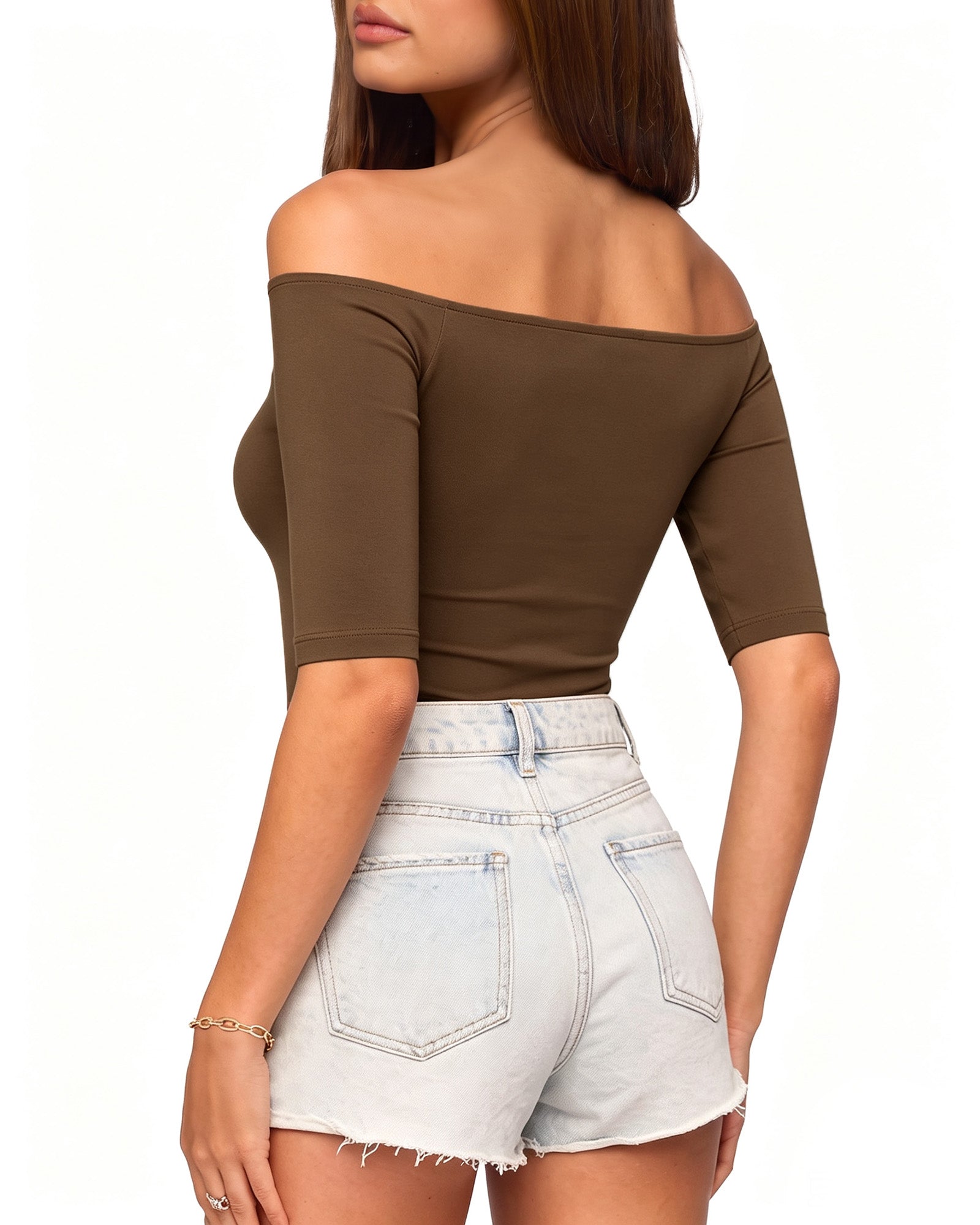 MANGOPOP Off-Shoulder Half-Sleeve Top Coffee 3