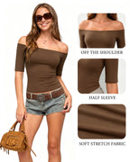 MANGOPOP Off-Shoulder Half-Sleeve Top Coffee 4