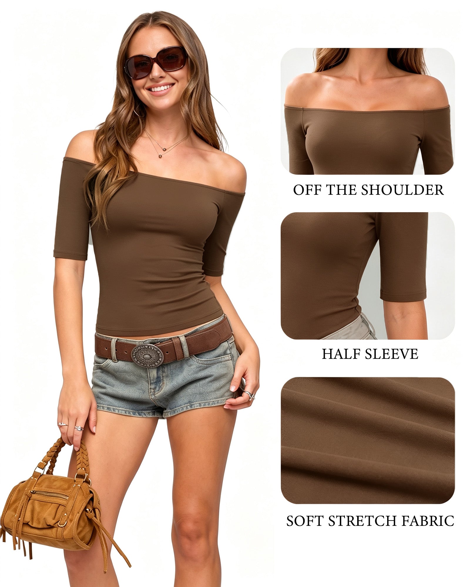 MANGOPOP Off-Shoulder Half-Sleeve Top Coffee 4