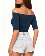 MANGOPOP Off-Shoulder Half-Sleeve Top Deep Blue 2