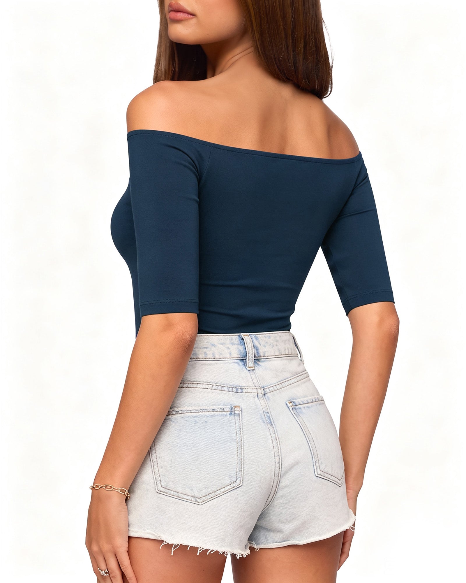 MANGOPOP Off-Shoulder Half-Sleeve Top Deep Blue 2