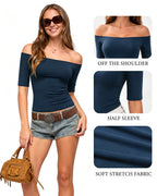 MANGOPOP Off-Shoulder Half-Sleeve Top Deep Blue 3