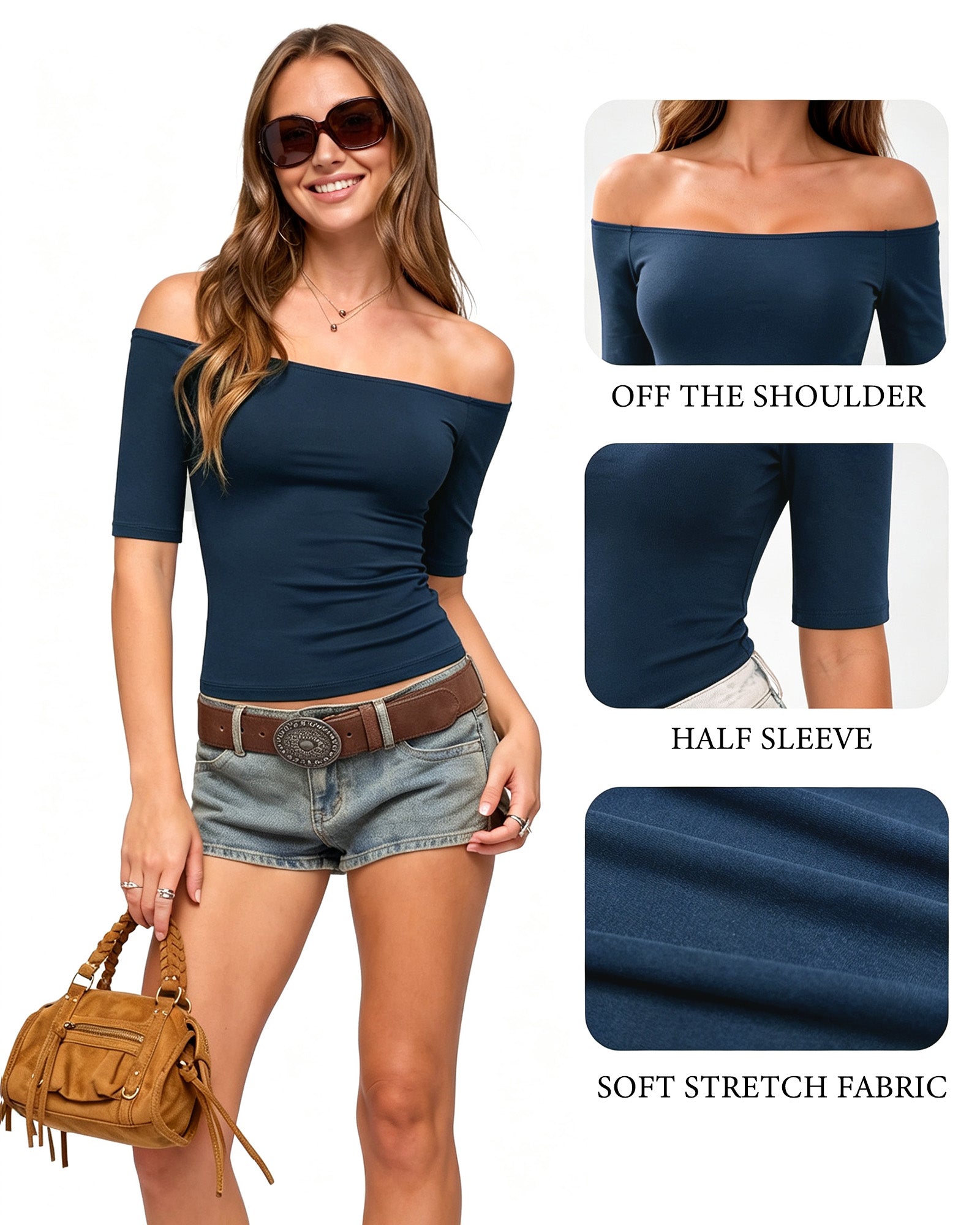 MANGOPOP Off-Shoulder Half-Sleeve Top Deep Blue 3