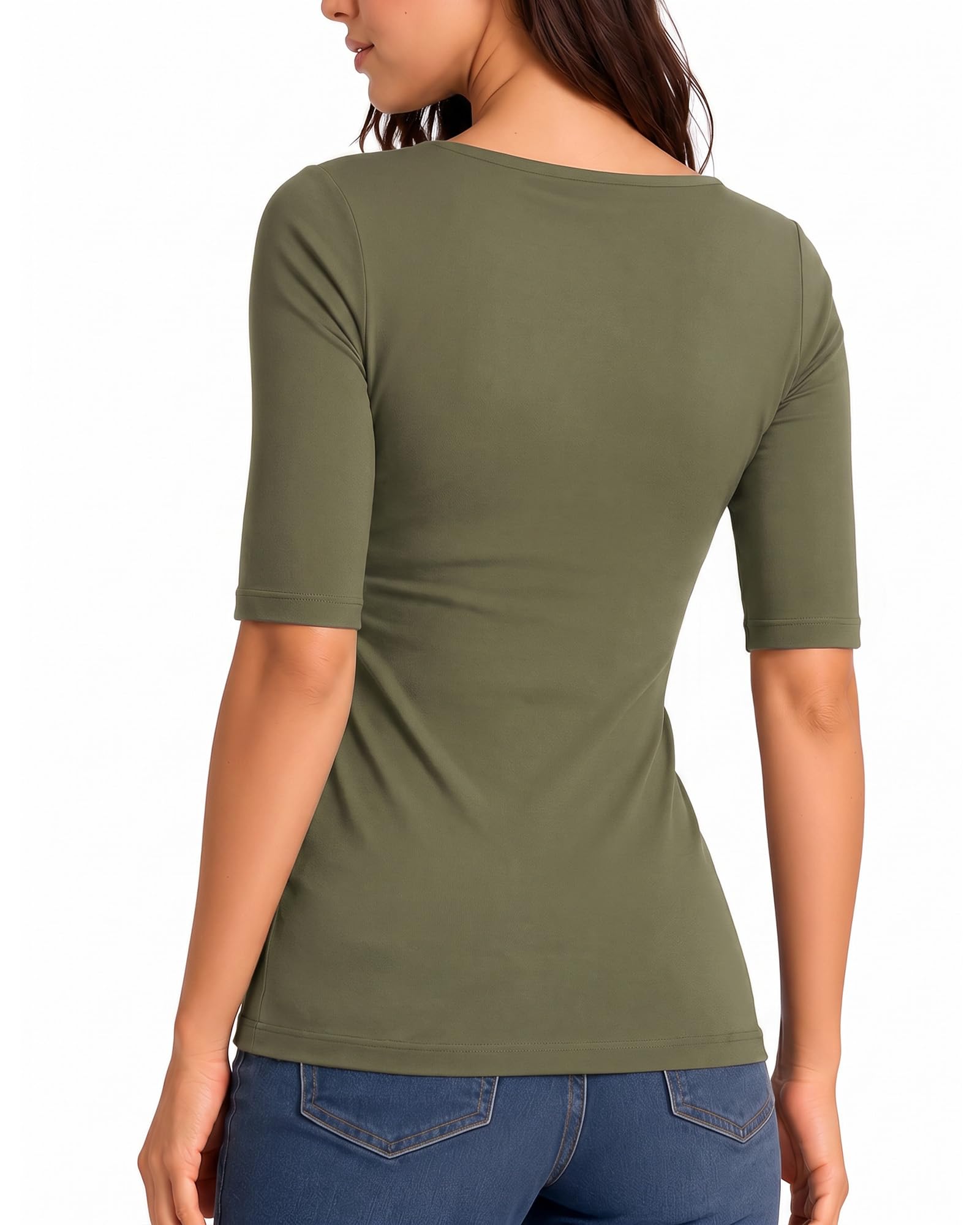 MANGOPOP Half-Sleeve Square Neck 3/4-sleeve T Top Amy Green 5