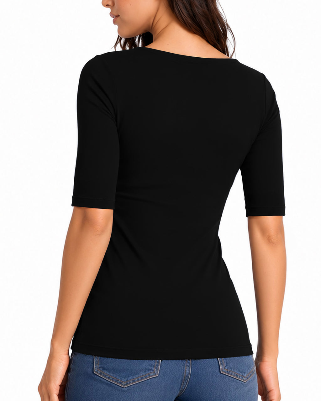 MANGOPOP Half-Sleeve Square Neck 3/4-sleeve T Top Black 2