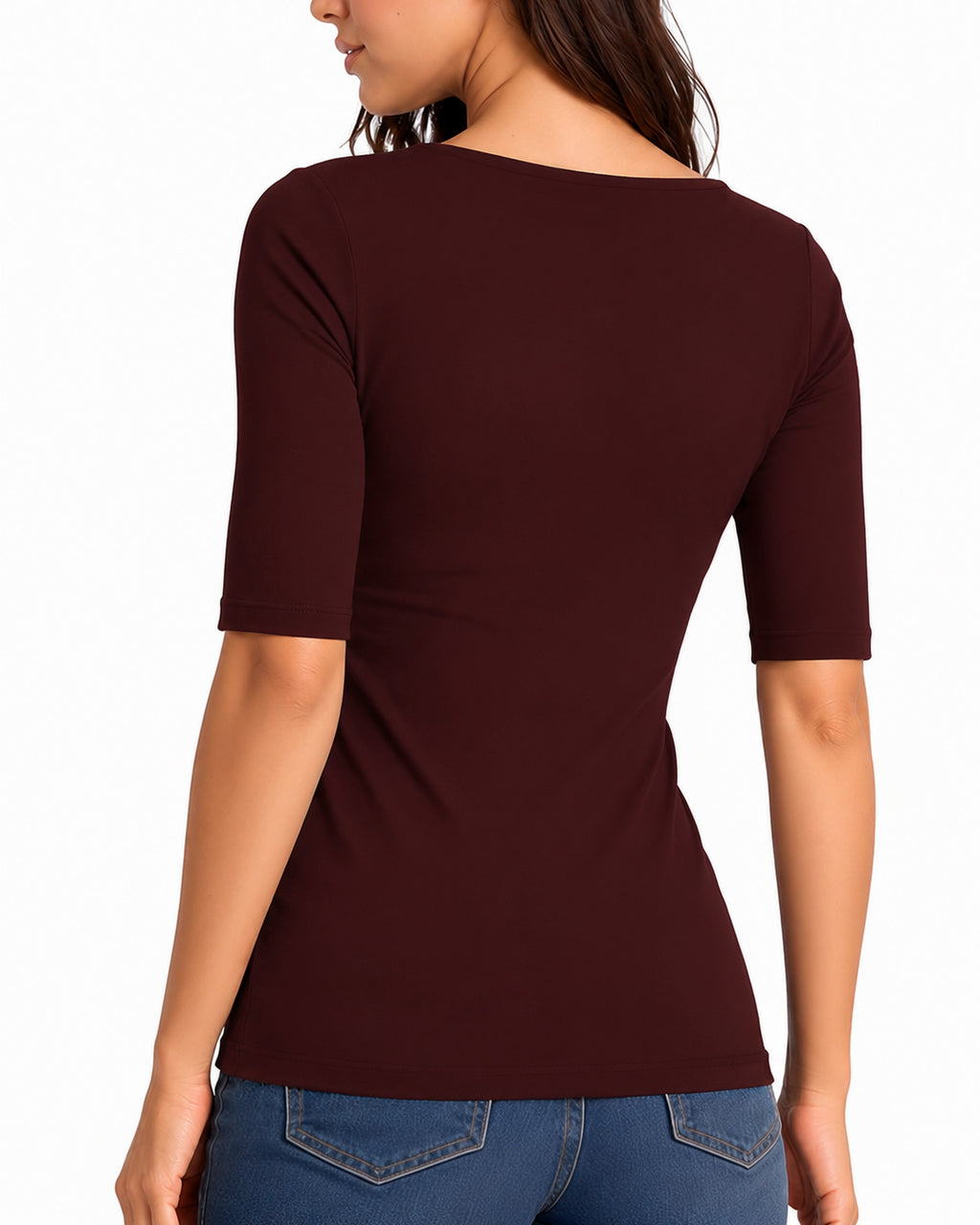 MANGOPOP Half-Sleeve Square Neck 3/4-sleeve T Top Burgundy 2