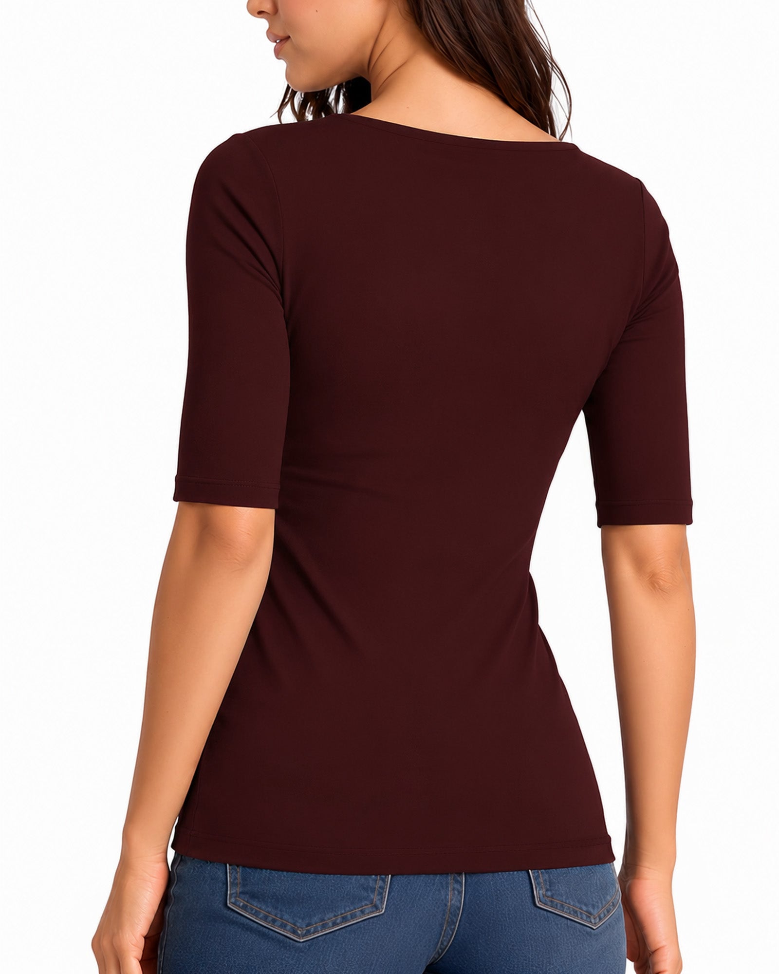 MANGOPOP Half-Sleeve Square Neck 3/4-sleeve T Top Burgundy 2