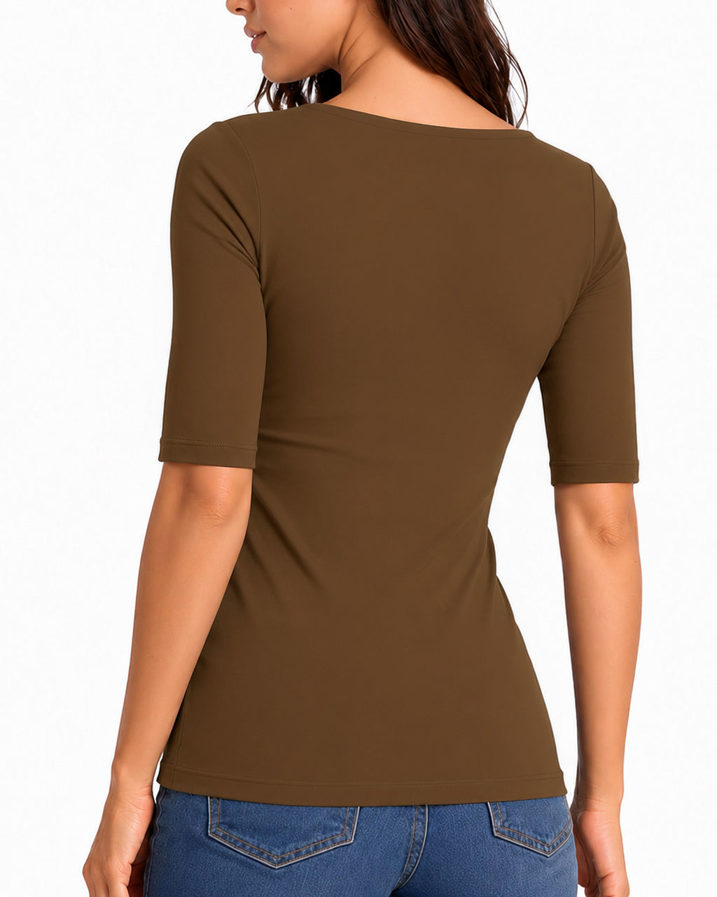 MANGOPOP Half-Sleeve Square Neck 3/4-sleeve T Top Coffee 2