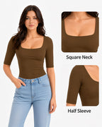 MANGOPOP Half-Sleeve Square Neck 3/4-sleeve T Top Coffee 4