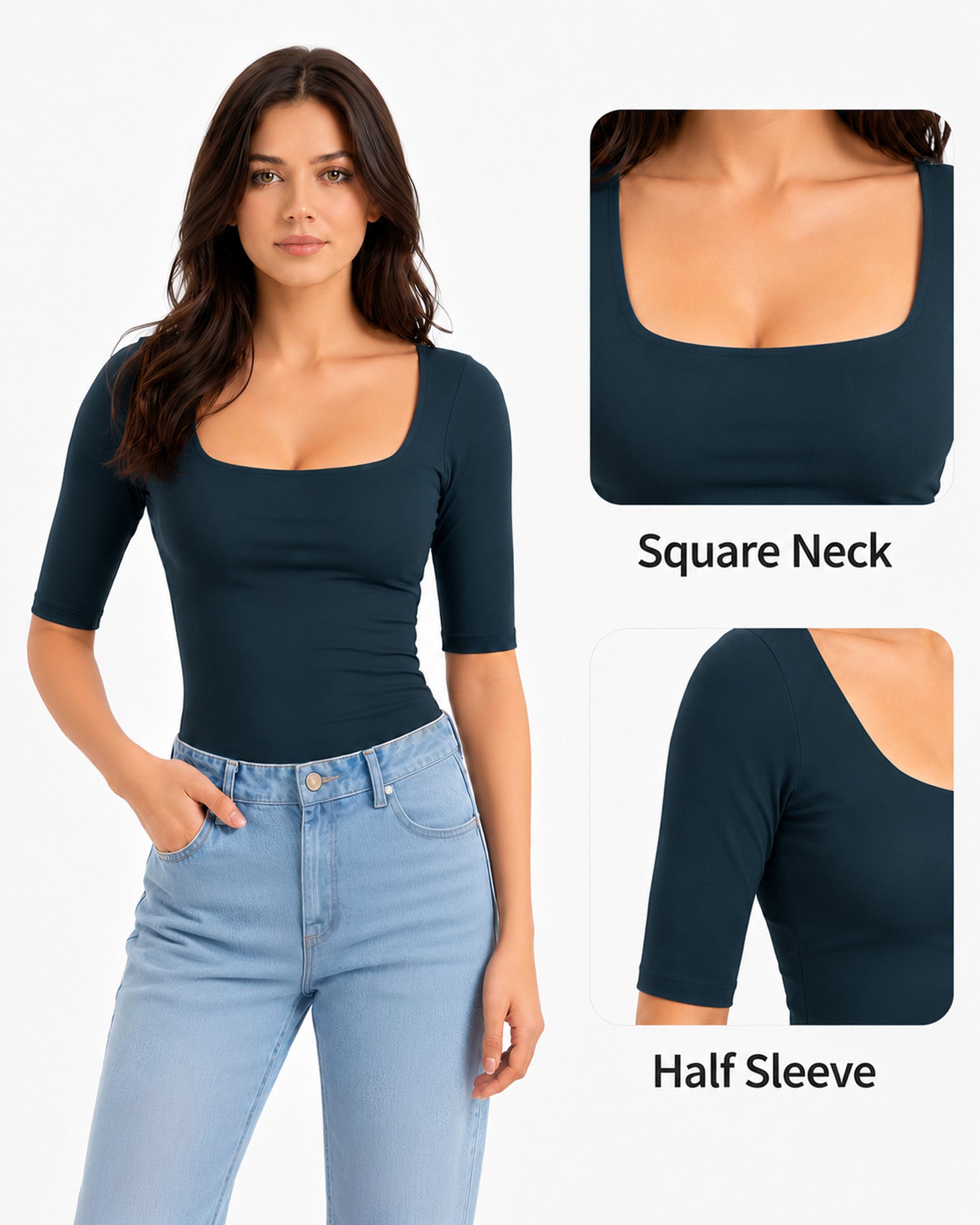 MANGOPOP Half-Sleeve Square Neck 3/4-sleeve T Top Deep Blue 4