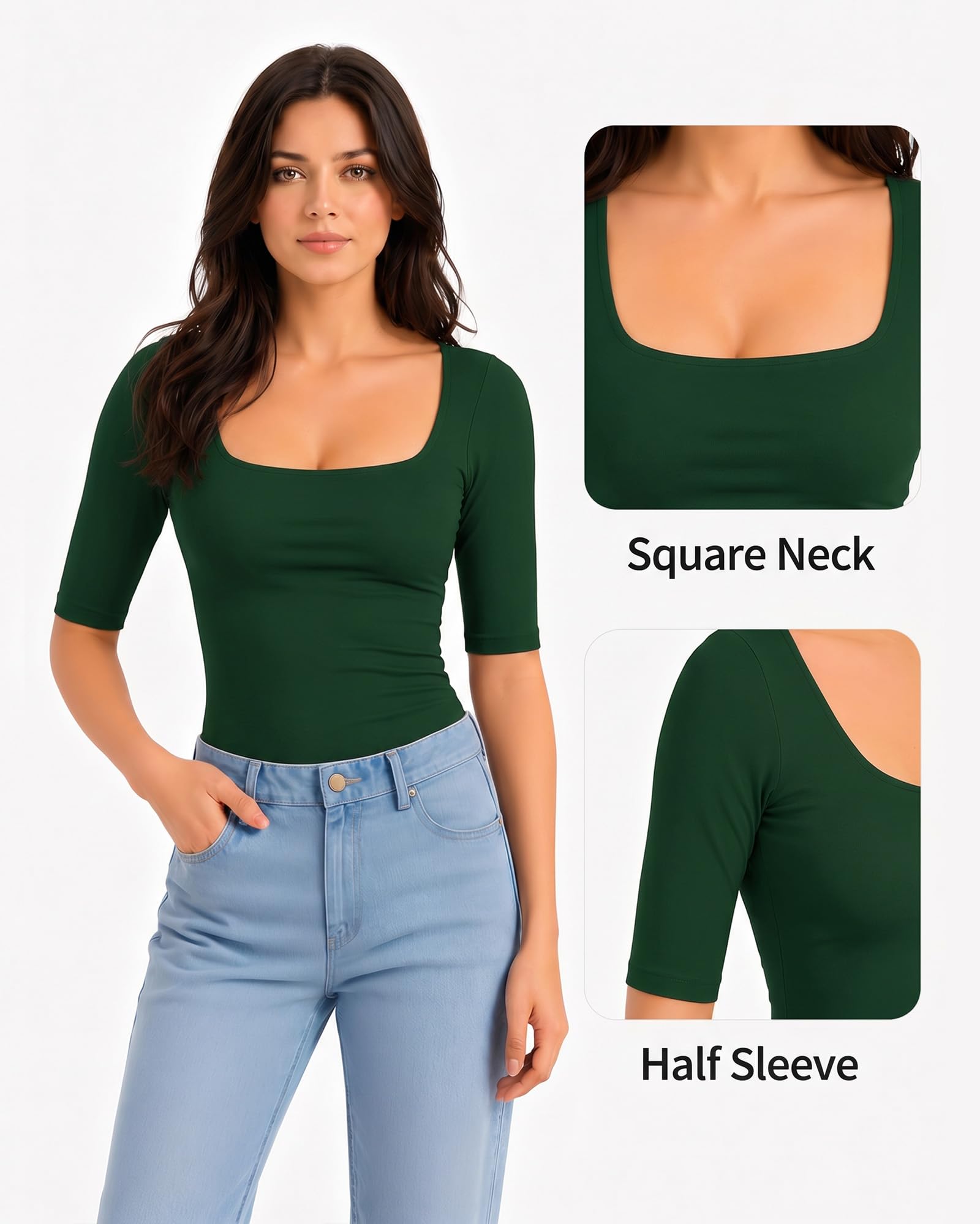 MANGOPOP Half-Sleeve Square Neck 3/4-sleeve T Top Deep Green 5