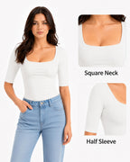MANGOPOP Half-Sleeve Square Neck 3/4-sleeve T Top White 4