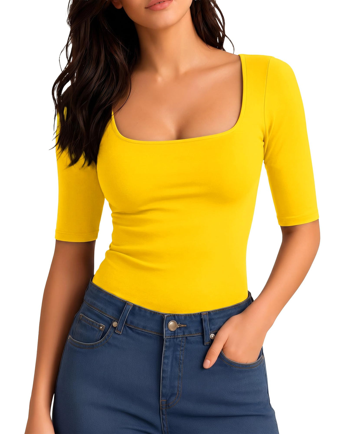 MANGOPOP Half-Sleeve Square Neck 3/4-sleeve T Top Yellow 1