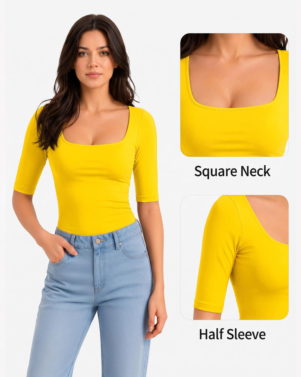 MANGOPOP Half-Sleeve Square Neck 3/4-sleeve T Top Yellow 5