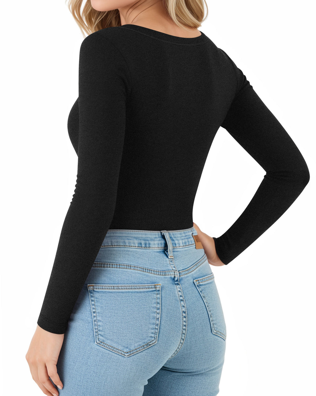 MANGOPOP Long-Sleeve Thermal Crew Neck Fitted Fleece Top Black