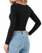MANGOPOP Long-Sleeve Thermal Crew Neck Fitted Fleece Top Black
