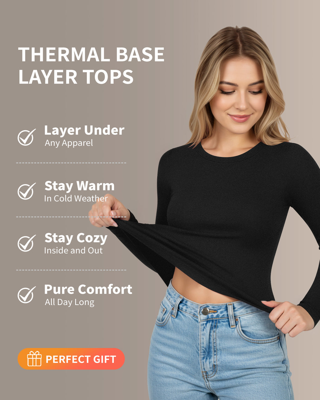 MANGOPOP Long-Sleeve Thermal Crew Neck Fitted Fleece Top Black