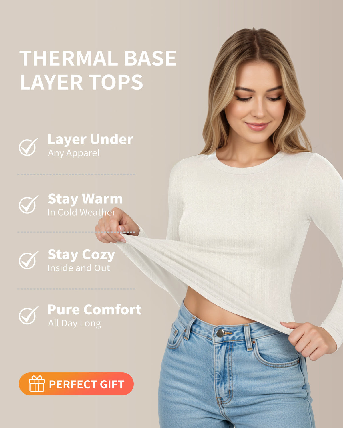 MANGOPOP Long-Sleeve Thermal Crew Neck Fitted Fleece Top White