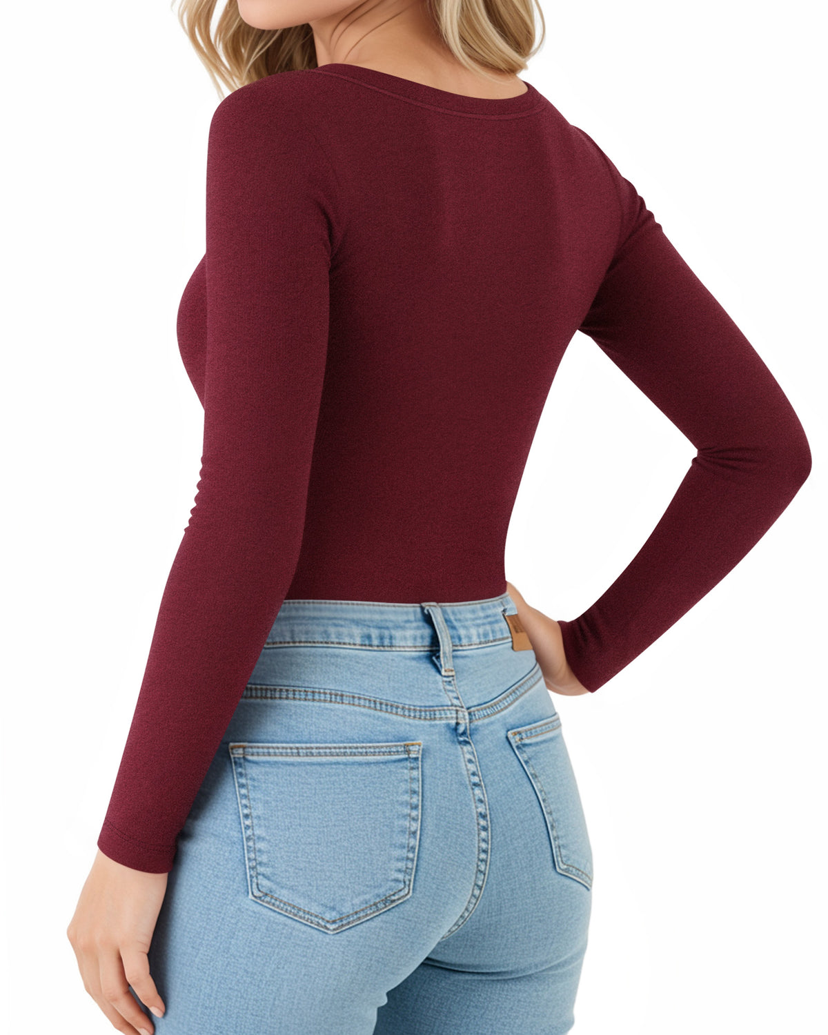 MANGOPOP Long-Sleeve Thermal Crew Neck Fitted Fleece Top Burgundy