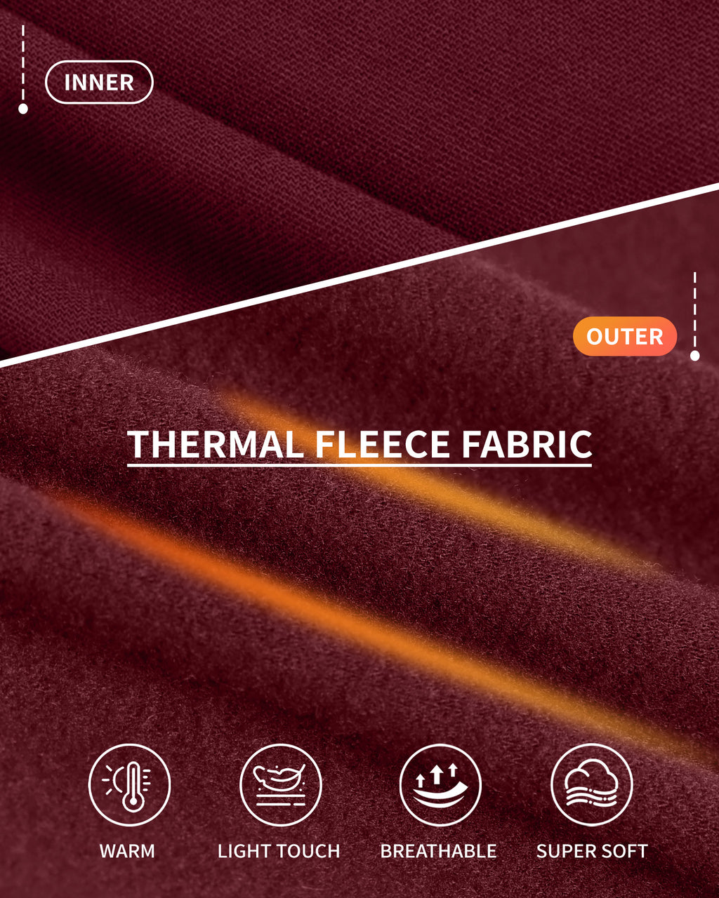 MANGOPOP Long-Sleeve Thermal Crew Neck Fitted Fleece Top Burgundy