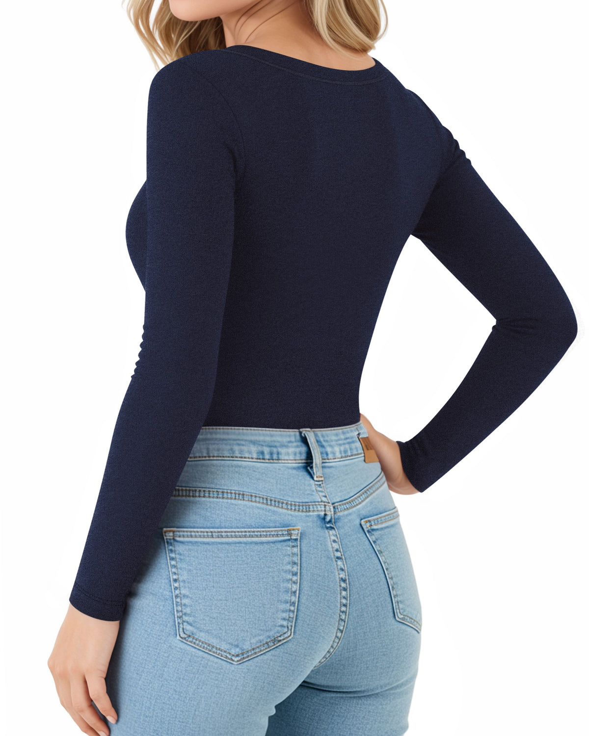 MANGOPOP Long-Sleeve Thermal Crew Neck Fitted Fleece Top Deep Blue
