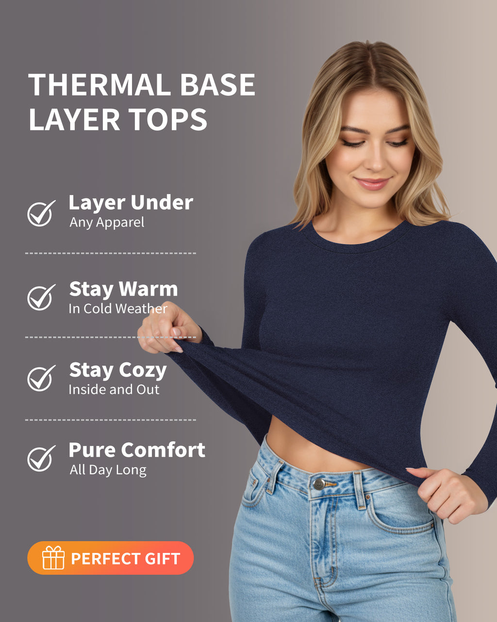 MANGOPOP Long-Sleeve Thermal Crew Neck Fitted Fleece Top Deep Blue