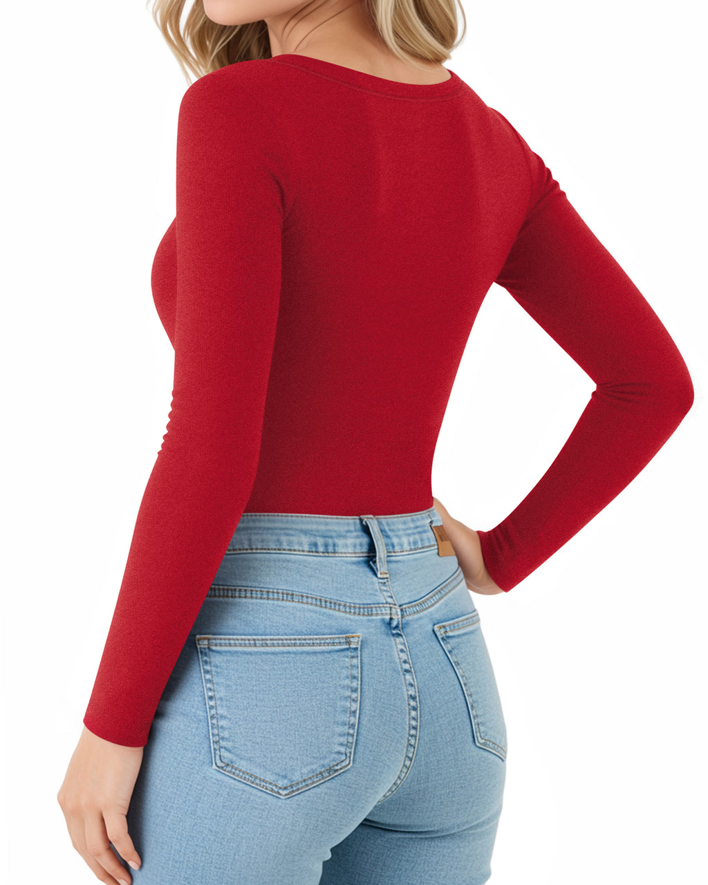 MANGOPOP Long-Sleeve Thermal Crew Neck Fitted Fleece Top Red