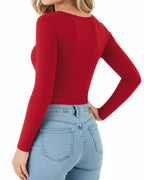 MANGOPOP Long-Sleeve Thermal Crew Neck Fitted Fleece Top Red