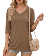 MANGOPOP V-Neck Ruched 3/4-sleeve Tunic Light Top Light Coffee