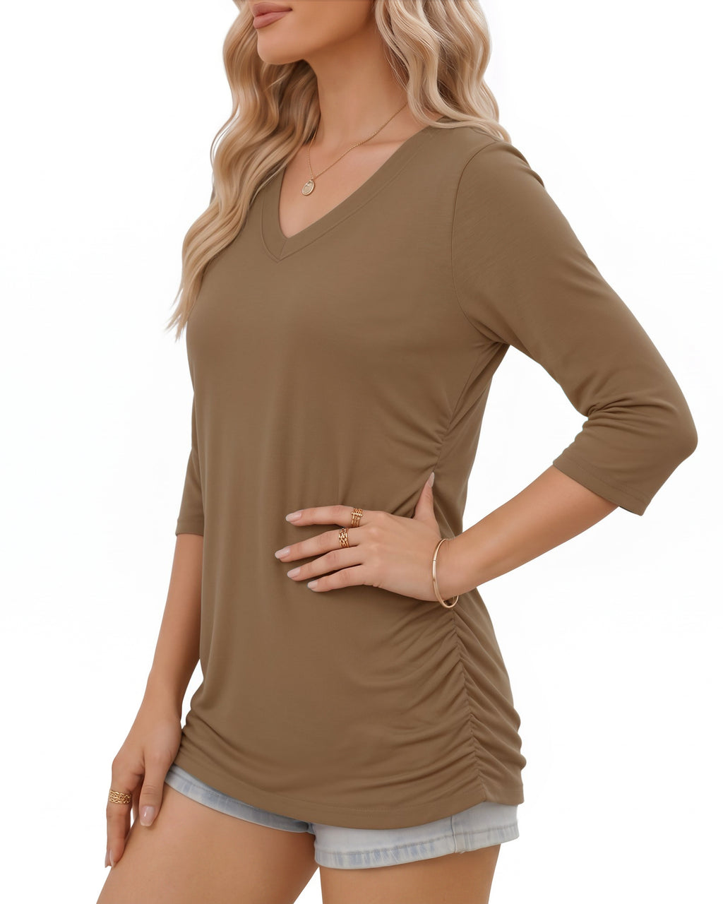 MANGOPOP V-Neck Ruched 3/4-sleeve Tunic Light Top Light Coffee