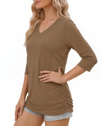 MANGOPOP V-Neck Ruched 3/4-sleeve Tunic Light Top Light Coffee