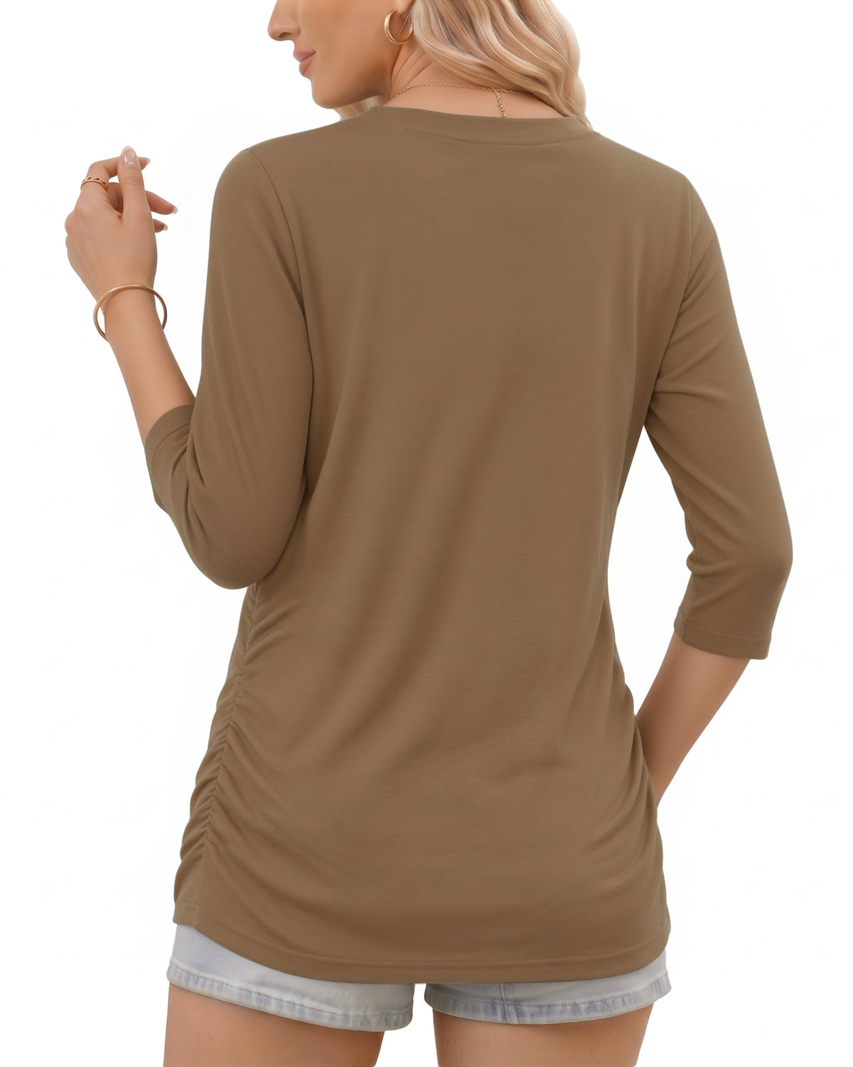 MANGOPOP V-Neck Ruched 3/4-sleeve Tunic Light Top Light Coffee