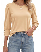 MANGOPOP 3/4 Puff Sleeve Tunic Light Came Blouse Apricot