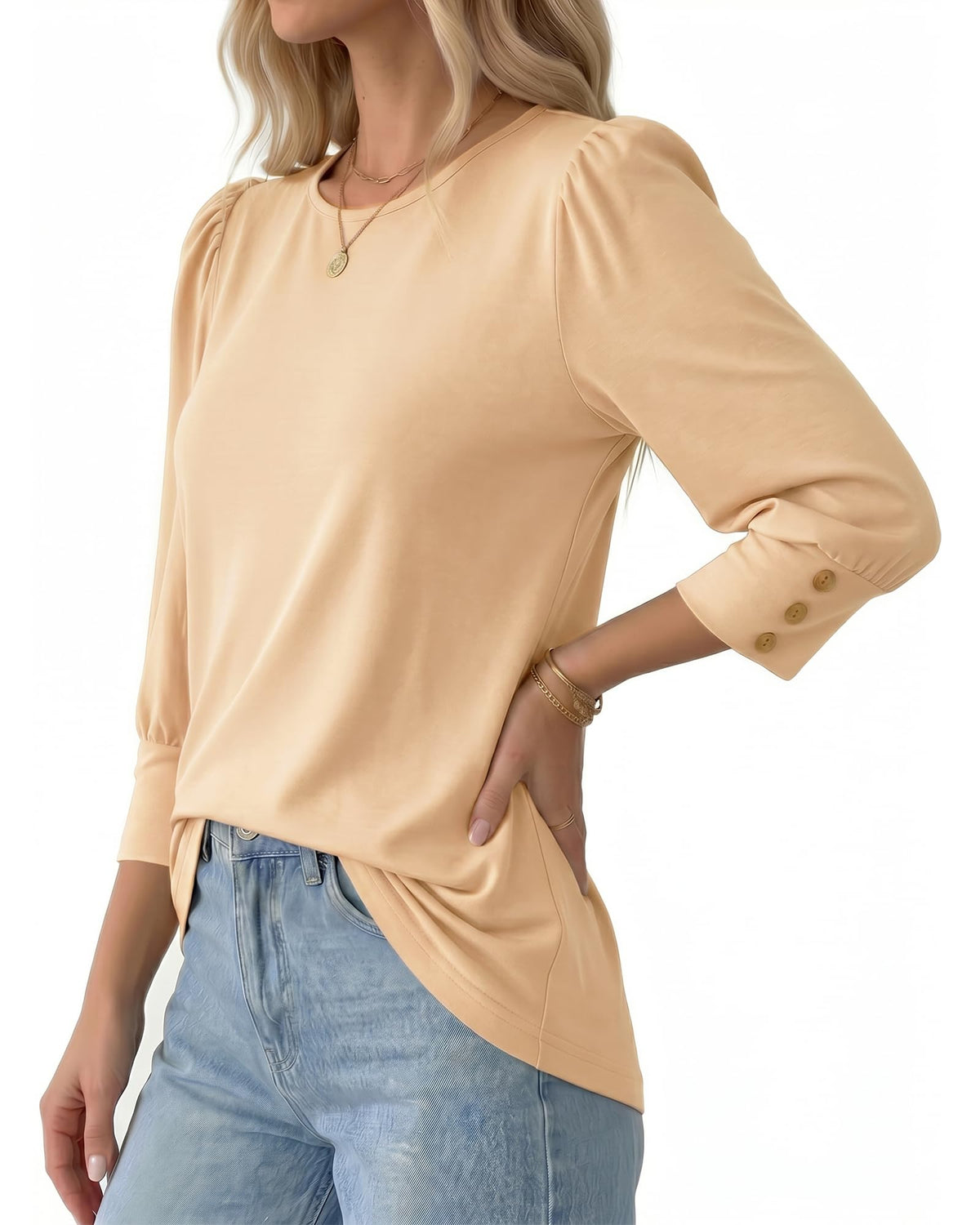 MANGOPOP 3/4 Puff Sleeve Tunic Light Came Blouse Apricot