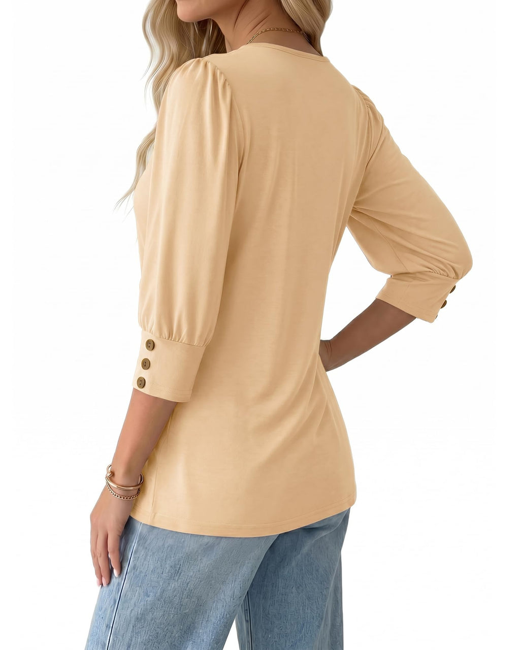 MANGOPOP 3/4 Puff Sleeve Tunic Light Came Blouse Apricot