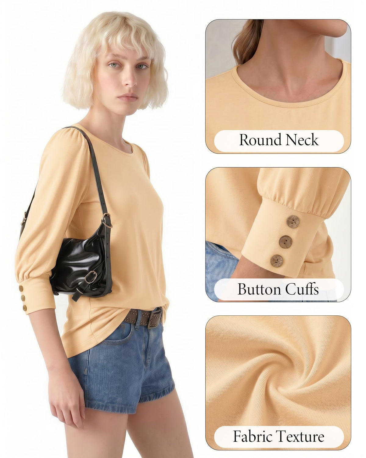 MANGOPOP 3/4 Puff Sleeve Tunic Light Came Blouse Apricot