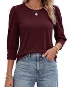 MANGOPOP 3/4 Puff Sleeve Tunic Light Came Blouse Wine Red