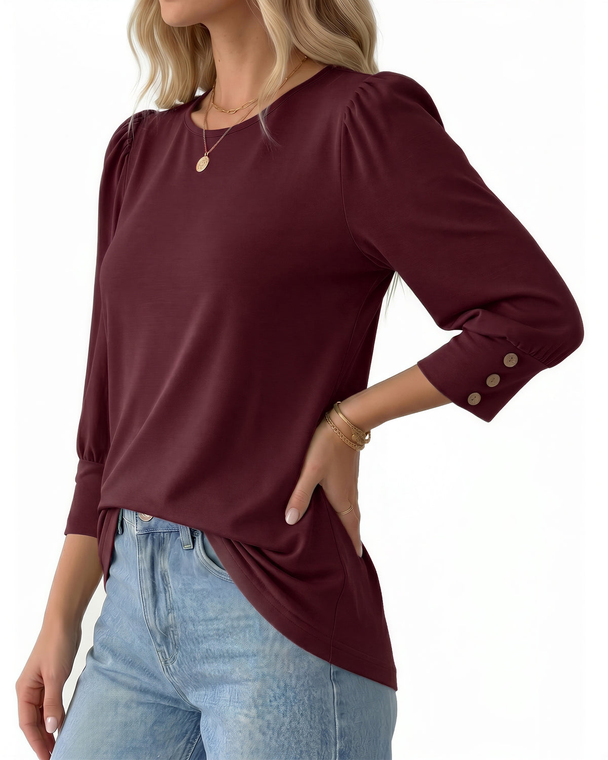MANGOPOP 3/4 Puff Sleeve Tunic Light Came Blouse Wine Red