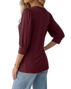 MANGOPOP 3/4 Puff Sleeve Tunic Light Came Blouse Wine Red