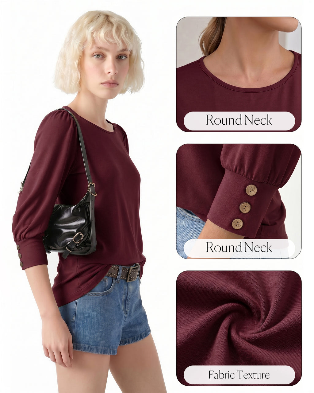 MANGOPOP 3/4 Puff Sleeve Tunic Light Came Blouse Wine Red