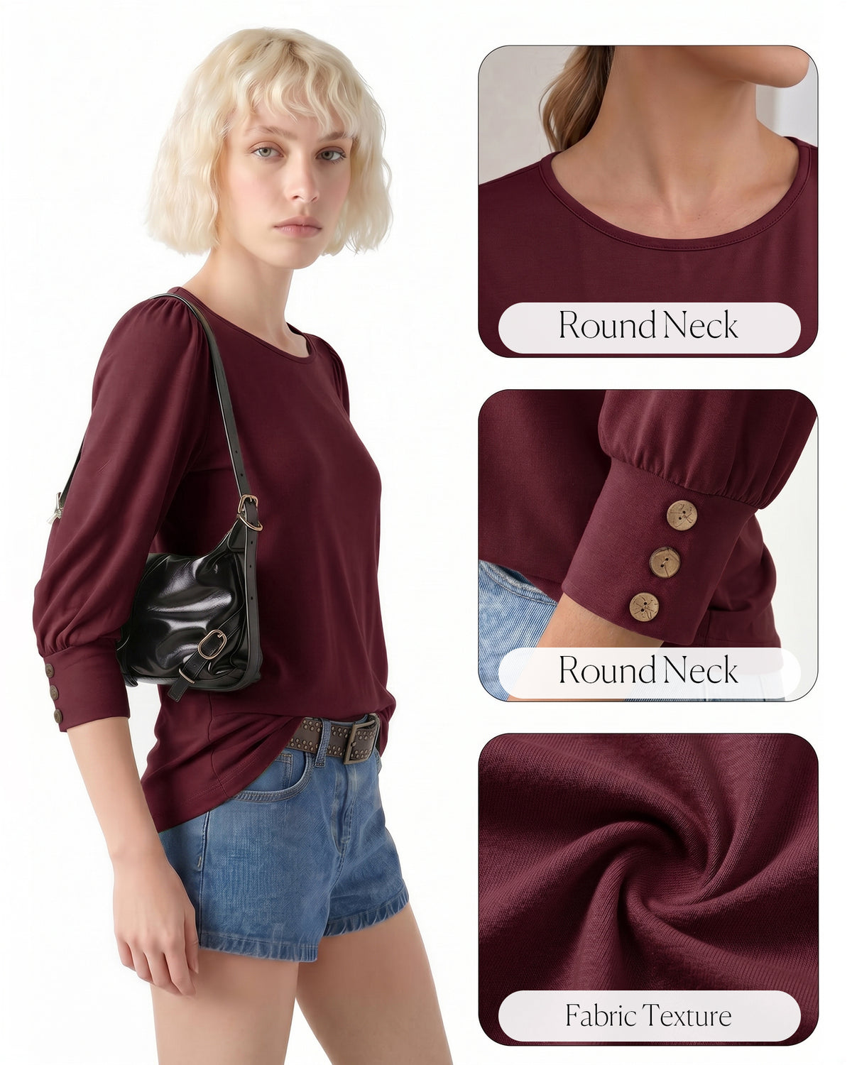 MANGOPOP 3/4 Puff Sleeve Tunic Light Came Blouse Wine Red