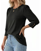 MANGOPOP 3/4 Puff Sleeve Tunic Light Came Blouse Black