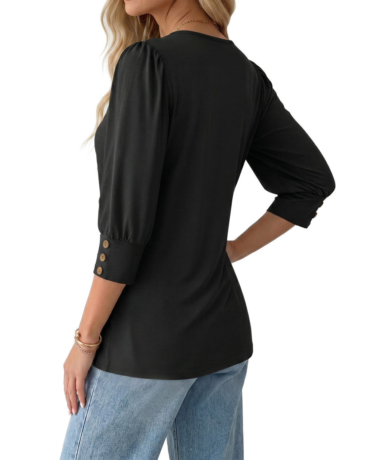 MANGOPOP 3/4 Puff Sleeve Tunic Light Came Blouse Black