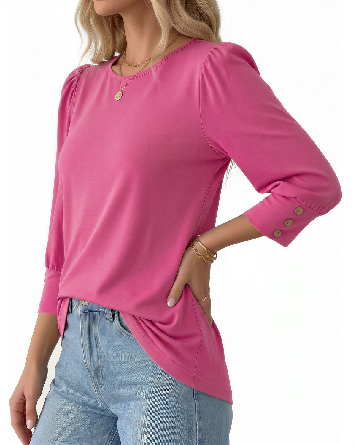 MANGOPOP 3/4 Puff Sleeve Tunic Light Came Blouse Coral
