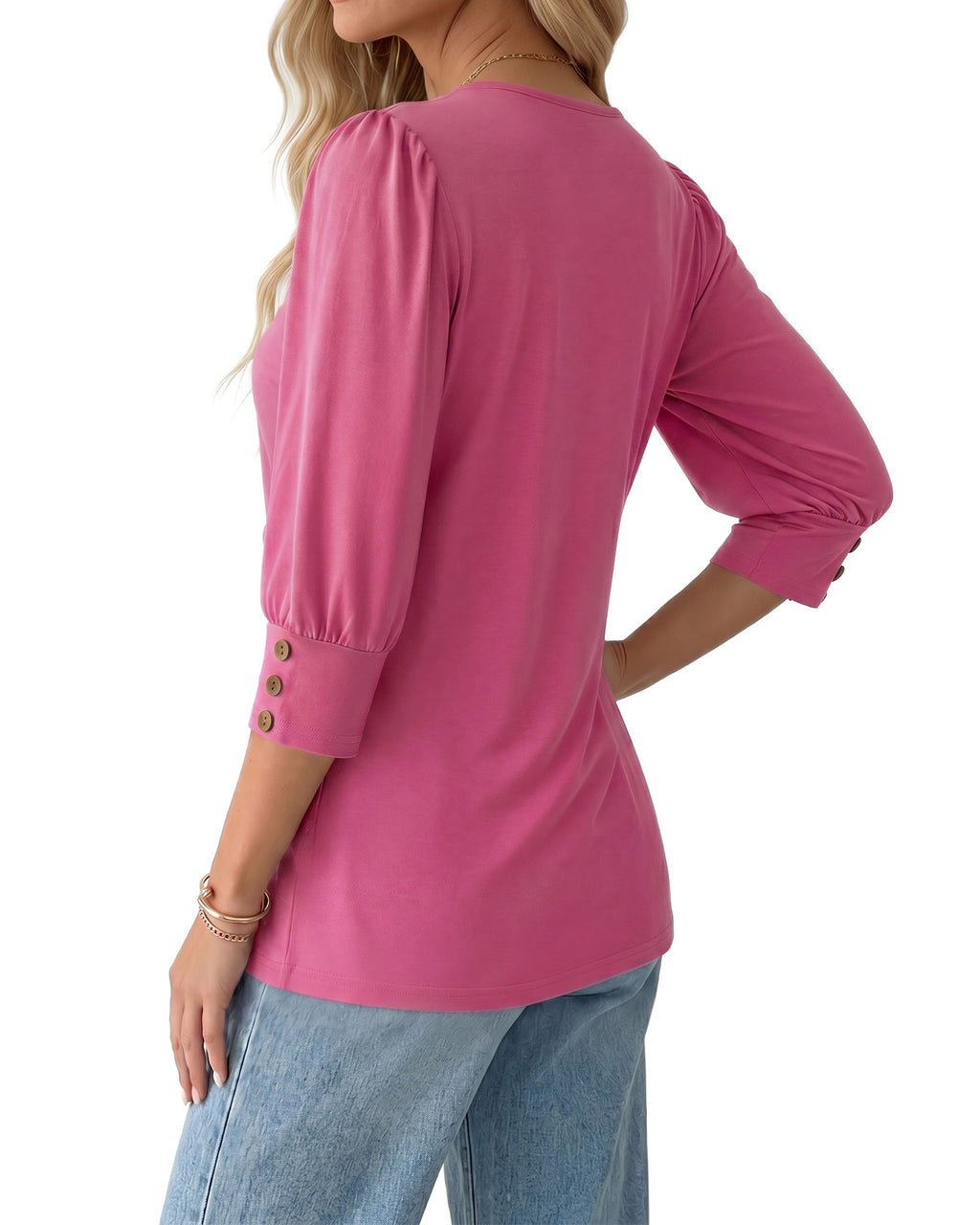 MANGOPOP 3/4 Puff Sleeve Tunic Light Came Blouse Coral