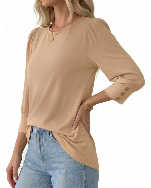 MANGOPOP 3/4 Puff Sleeve Tunic Light Came Blouse Light Camel
