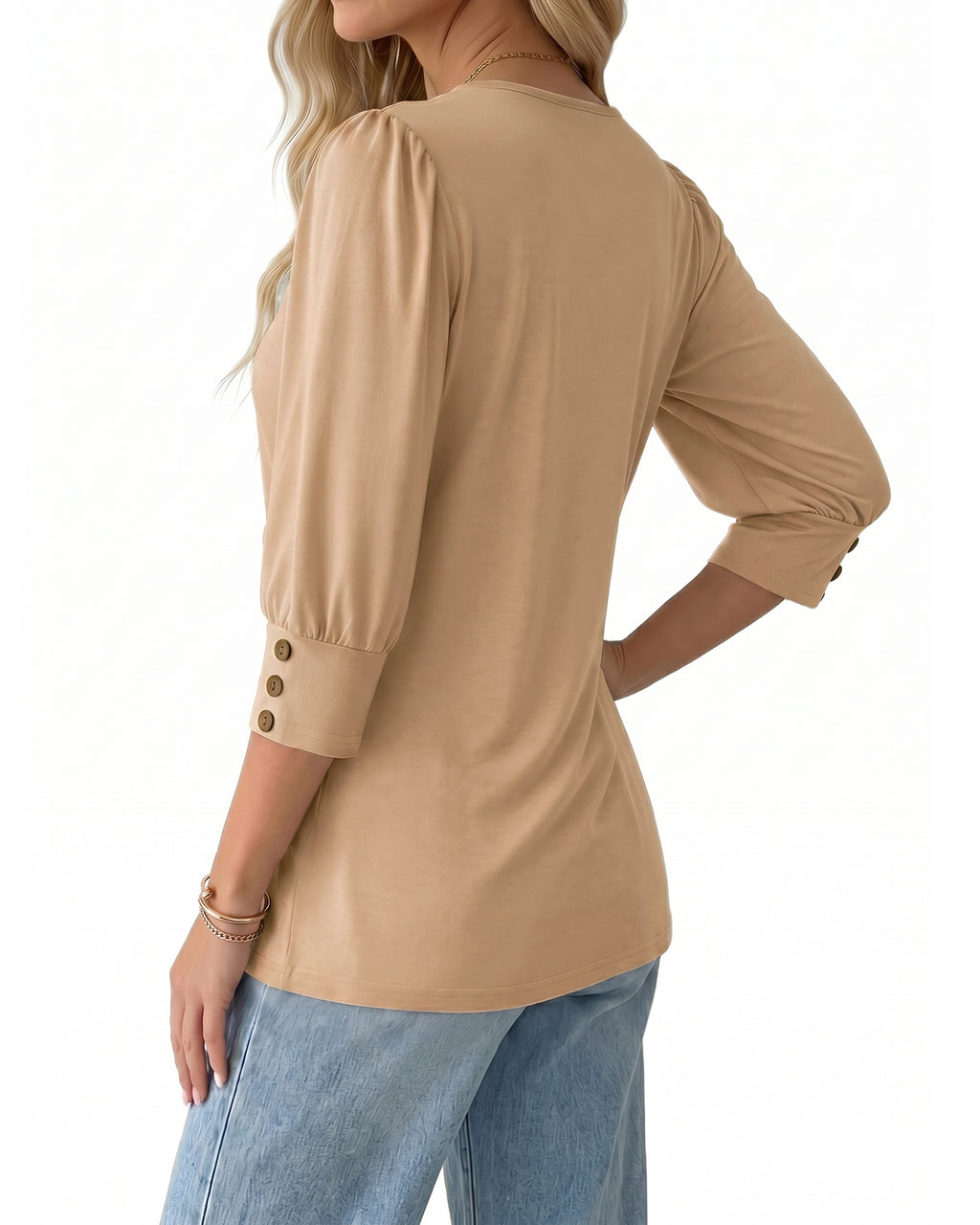 MANGOPOP 3/4 Puff Sleeve Tunic Light Came Blouse Light Camel