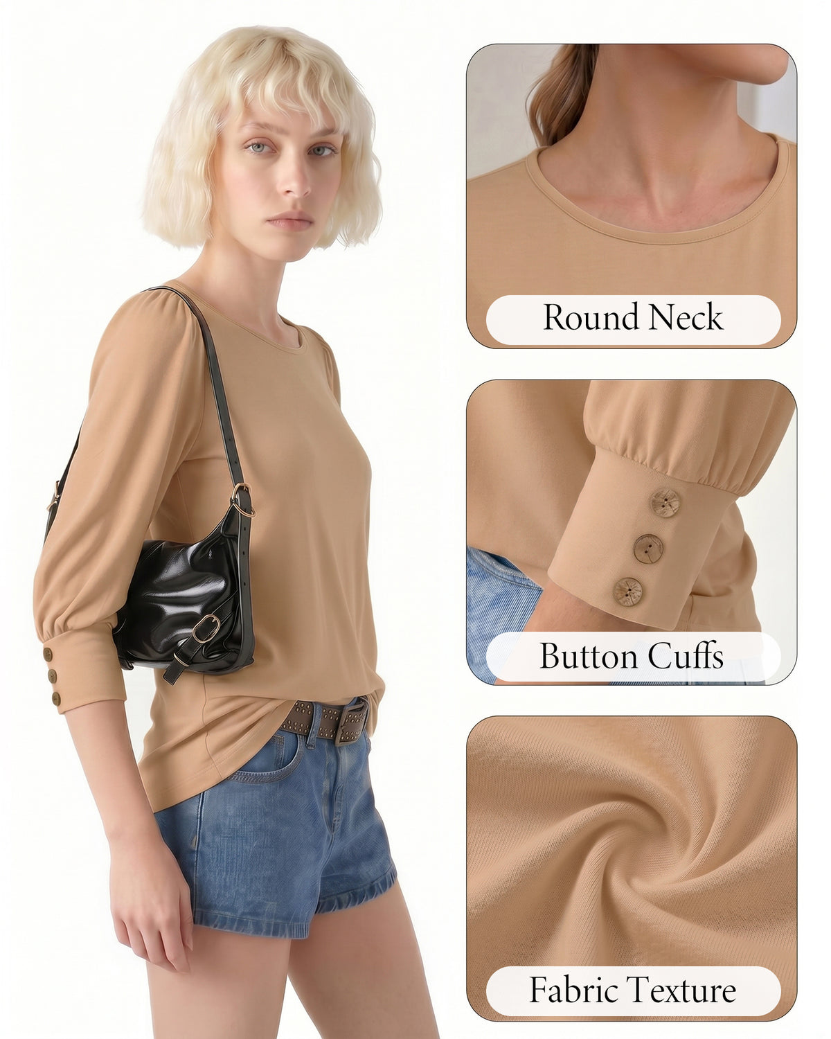 MANGOPOP 3/4 Puff Sleeve Tunic Light Came Blouse Light Camel